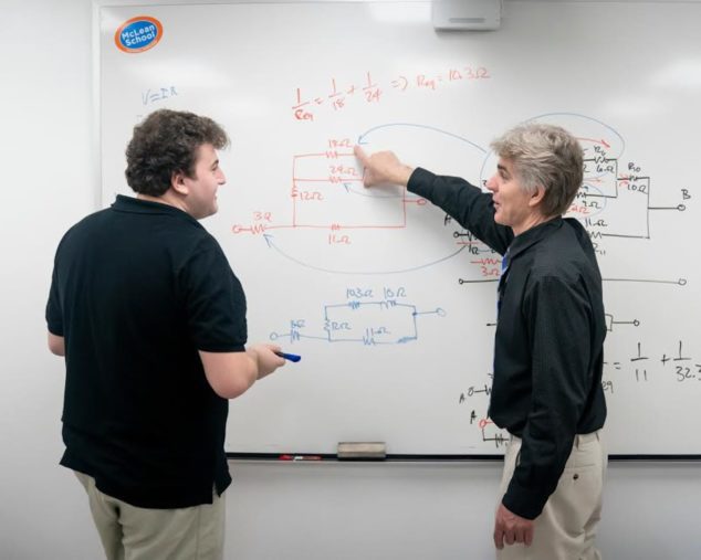 Staff and student working at a whiteboard during the Algebra Review program