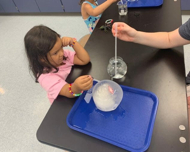 A little girl working to melt ice.